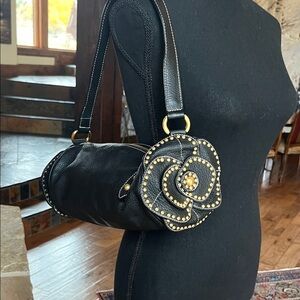 Maxx New York Black Leather Double Rose Studded Women's Bag